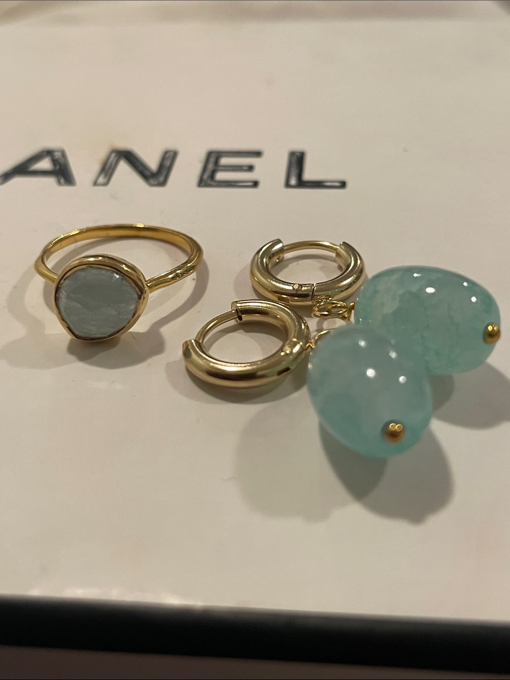 Monica Vinader Aquamarine Siren Ring 5.5 and Etsy earrings